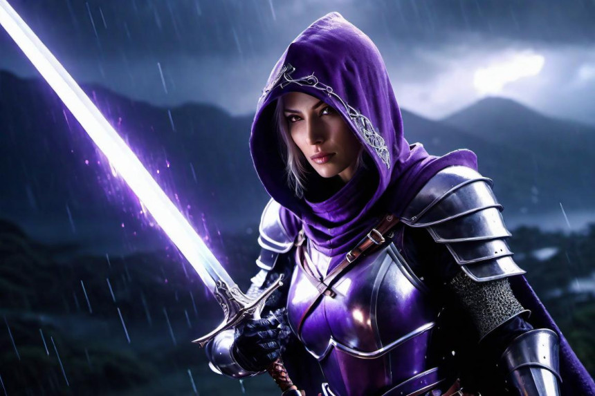 Cinematic shot of a hooded female knight wearing purple armor